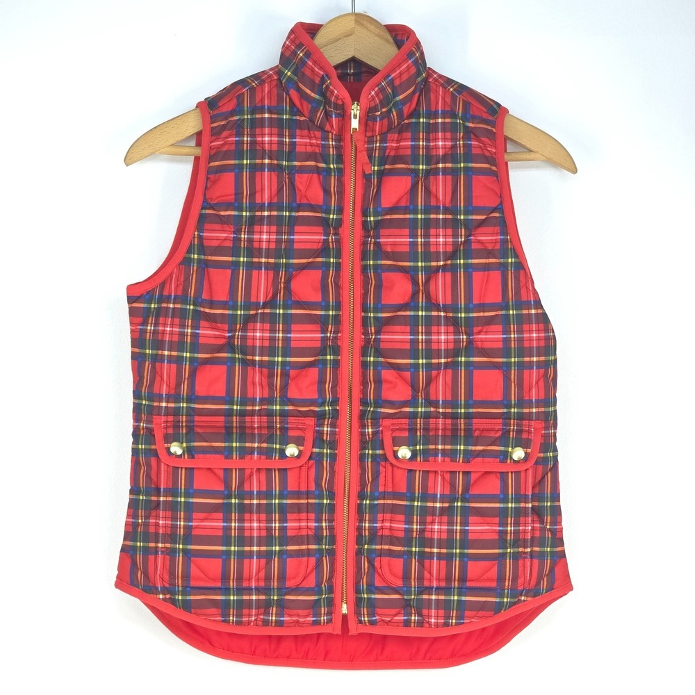 J Crew Tartan Plaid Puffer Vest Women XS Red Quilted Full Zip Preppy Cottagecore